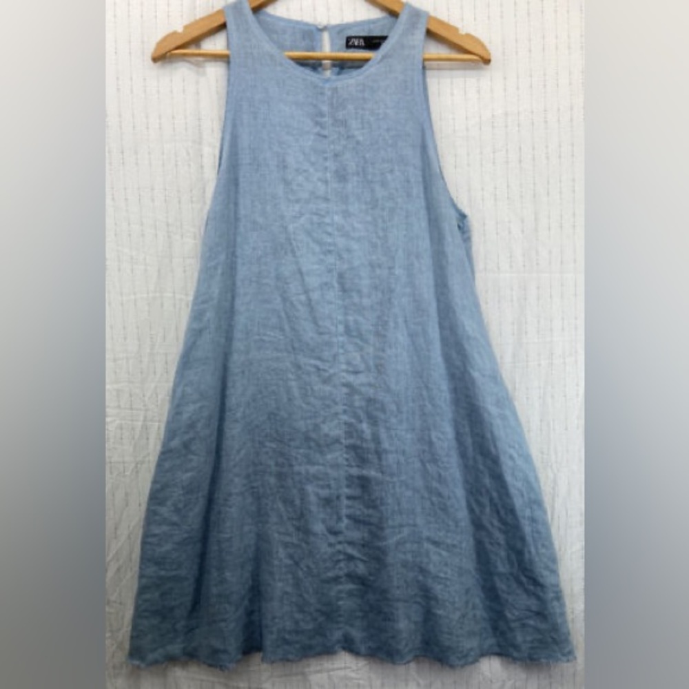 ✨SALE✨Zara Linen XS Dress Day Mini Shift Flowy Blue Denim Pockets
